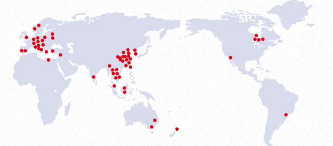 世界各国に点在する支店や営業所のマップ