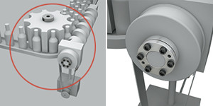 充填機：整列テーブルと整列スクリューの位相合わせにETPブッシュ。