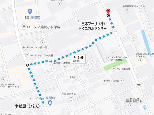 小松原（バス停）から三木プーリ株式会社テクニカルセンターまでの経路図