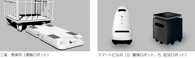 工場・倉庫用（運搬ロボット）　スマートビル用（左：警備ロボット、右：配送ロボット）