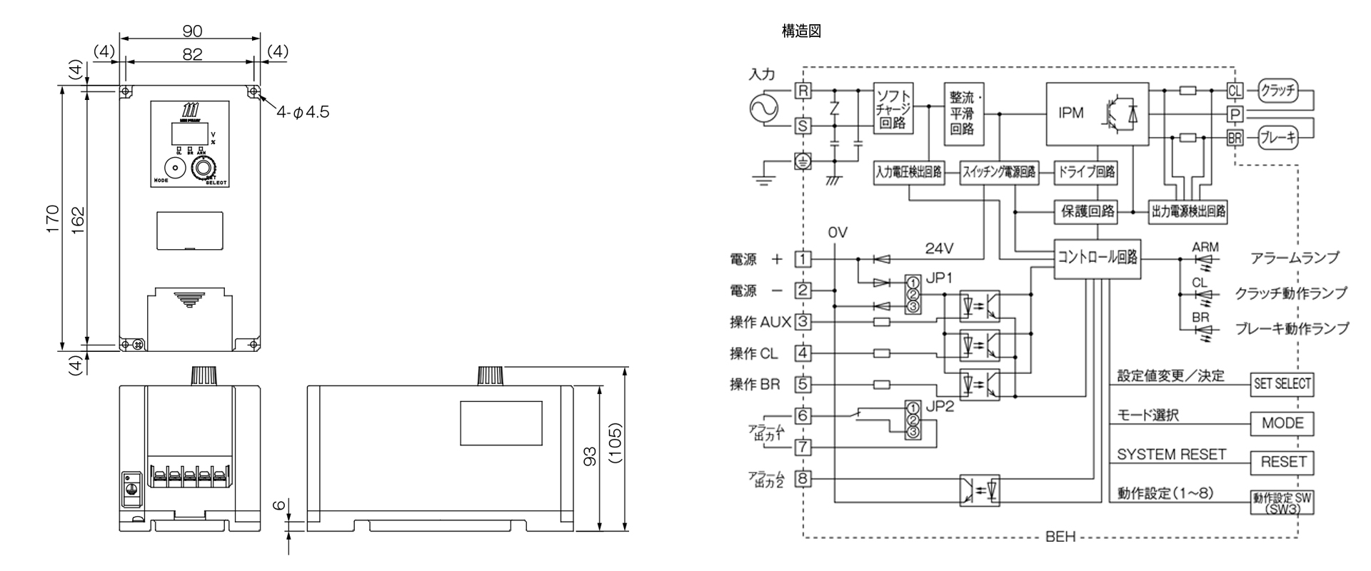 三木プーリのクラッチ・ブレーキ用電源CB電源装置BEHモデル寸法図 外形寸法および端子部寸法を示す寸法図