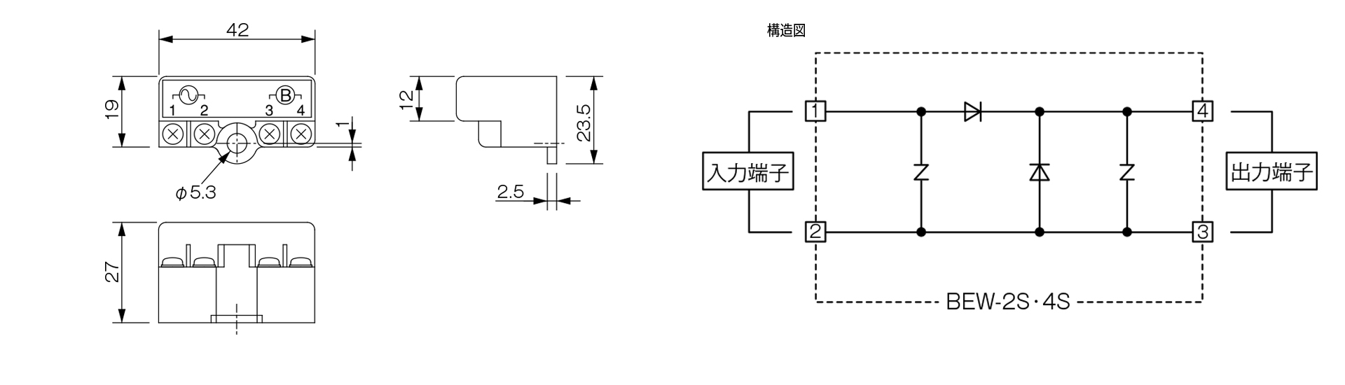 三木プーリのクラッチ・ブレーキ用電源CB整流電源BEWモデルSタイプ寸法図 外形寸法および端子部寸法を示す寸法図