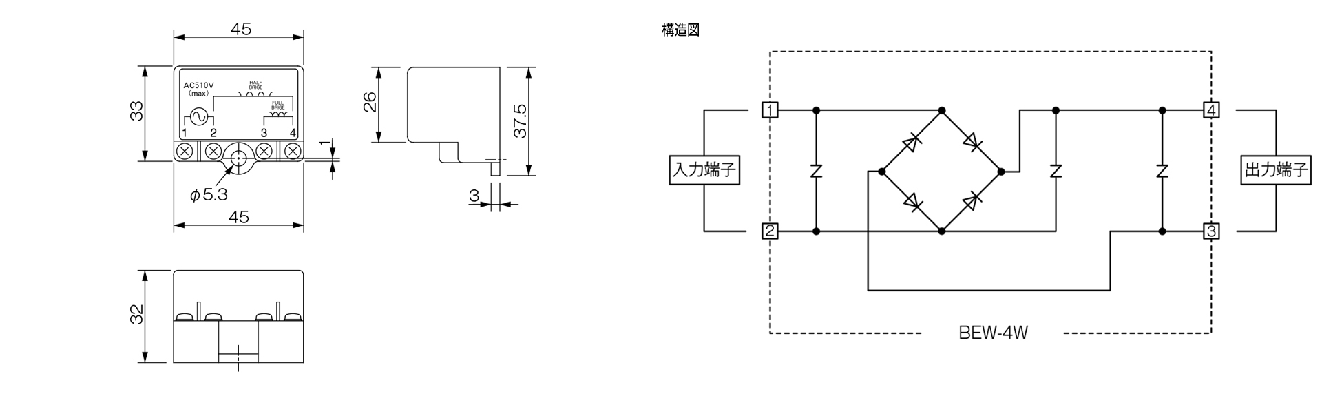 三木プーリのクラッチ・ブレーキ用電源CB整流電源BEWモデルWタイプ寸法図 外形寸法および端子部寸法を示す寸法図