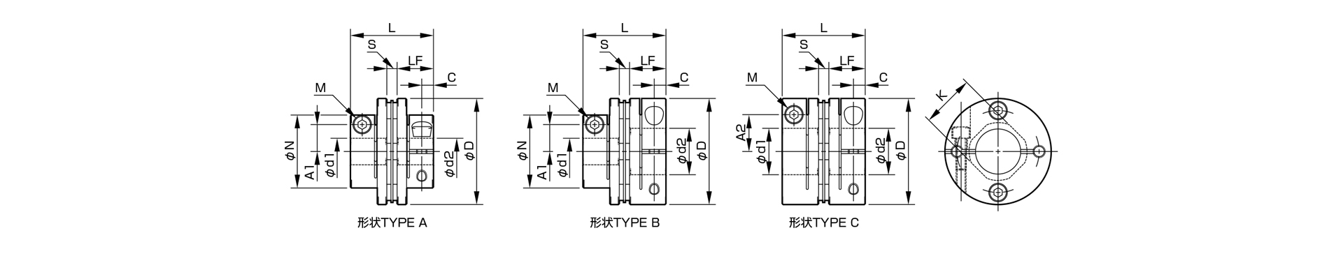 三木プーリのサーボフレックスSFCモデル SFC-SA2-CCタイプ／SFC-SA2-CFタイプ 金属板ばねカップリング寸法図（クリーン仕様・サーボモータ用高精度軸継手）
