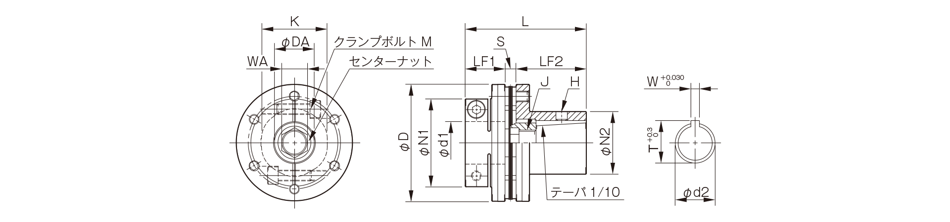 三木プーリのサーボフレックスシリーズSFFモデルSSタイプ（クランプ締結仕様）（テーパ軸対応）金属板ばねカップリング寸法図 取付寸法および軸径寸法を示す寸法図