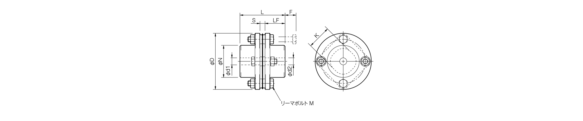 三木プーリのサーボフレックスSFSモデル SFS-Sタイプ 金属板ばねカップリング寸法図（サーボモータ用高精度軸継手・高剛性トルク伝達）