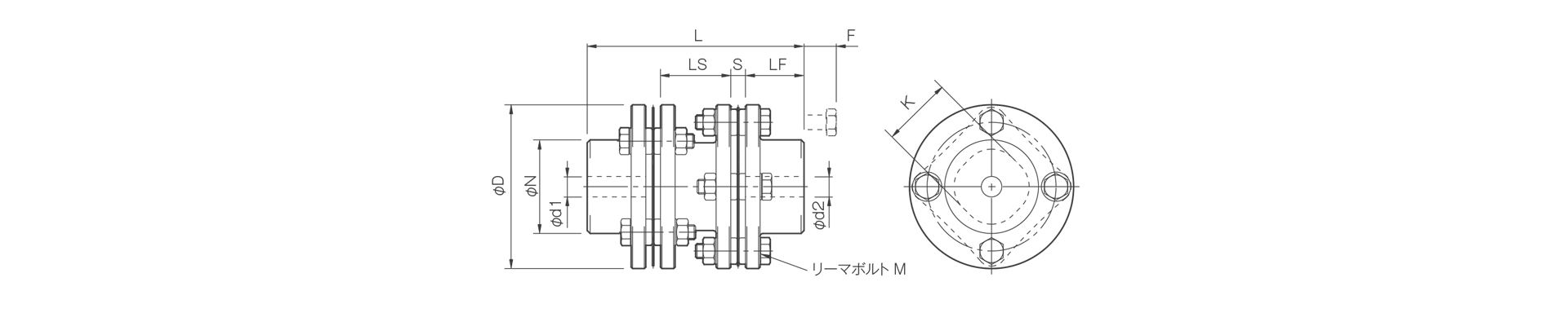 三木プーリのサーボフレックスSFSモデル SFS-G-Cタイプ 金属板ばねカップリング寸法図（全長指定対応＋無電解ニッケルめっき仕様・耐食性向上・サーボ用軸継手）