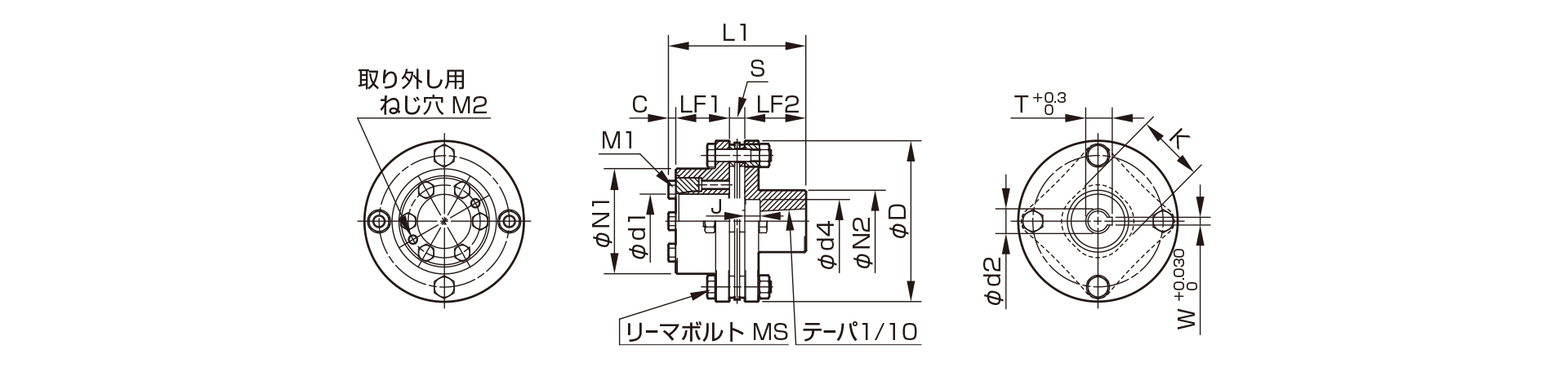 三木プーリのサーボフレックスシリーズSFSモデルSタイプ（テーパ軸対応）金属板ばねカップリング寸法図 外形寸法および主要部寸法を示す寸法図