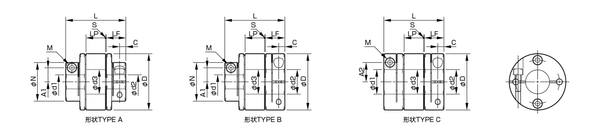 三木プーリのサーボフレックスラバー SFR-SA1タイプ ゴム・樹脂カップリング寸法図（防振・衝撃吸収・サーボモータ用軸継手）