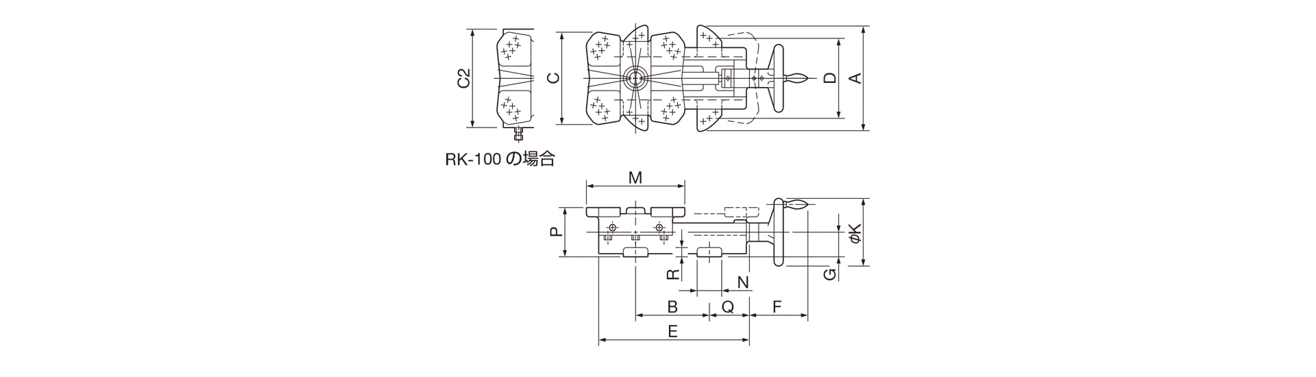 三木プーリのモータ移動台RKモデルベルト式無段変速機寸法図 外形寸法および取付寸法を示す寸法図