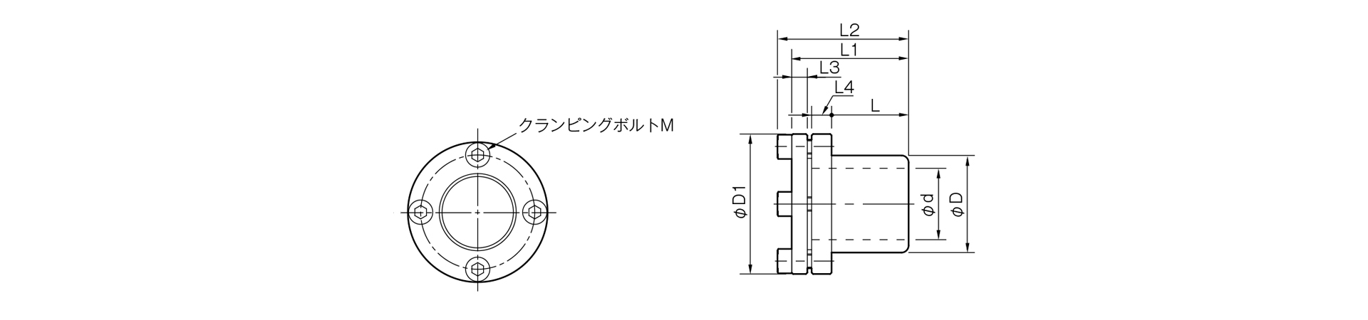 三木プーリのETPモデルAタイプ摩擦式締結具（ハイドロ方式）寸法図 外形寸法および軸径寸法を示す寸法図