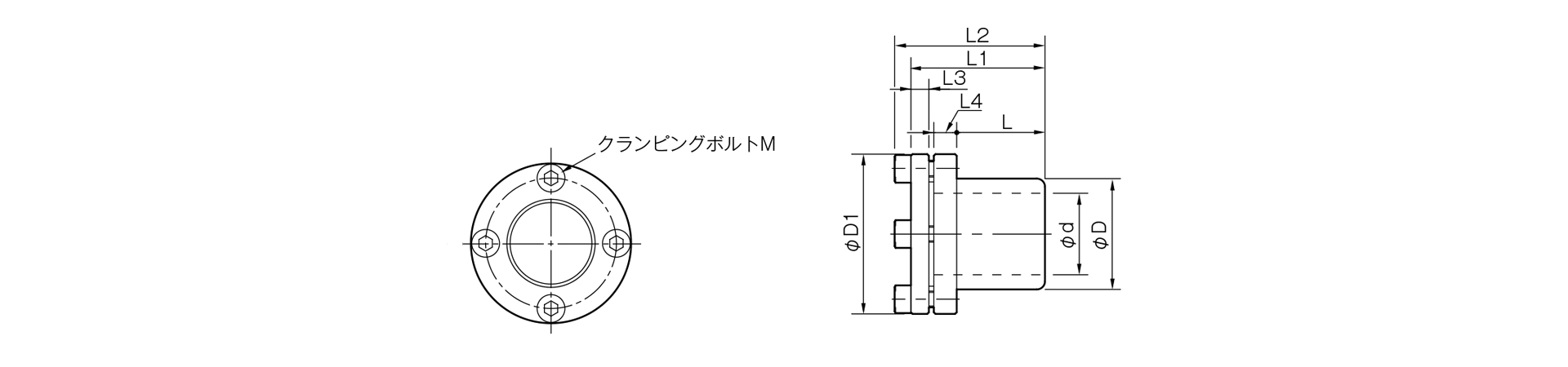 三木プーリのETPモデルAタイプ（無電解ニッケルめっき仕様）摩擦式締結具（ハイドロ方式）寸法図 外形寸法および軸径寸法を示す寸法図