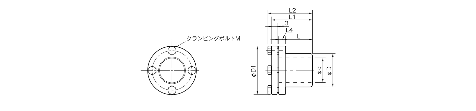 三木プーリのETPモデルAタイプ（ステンレス仕様）摩擦式締結具（ハイドロ方式）寸法図 外形寸法および軸径寸法を示す寸法図