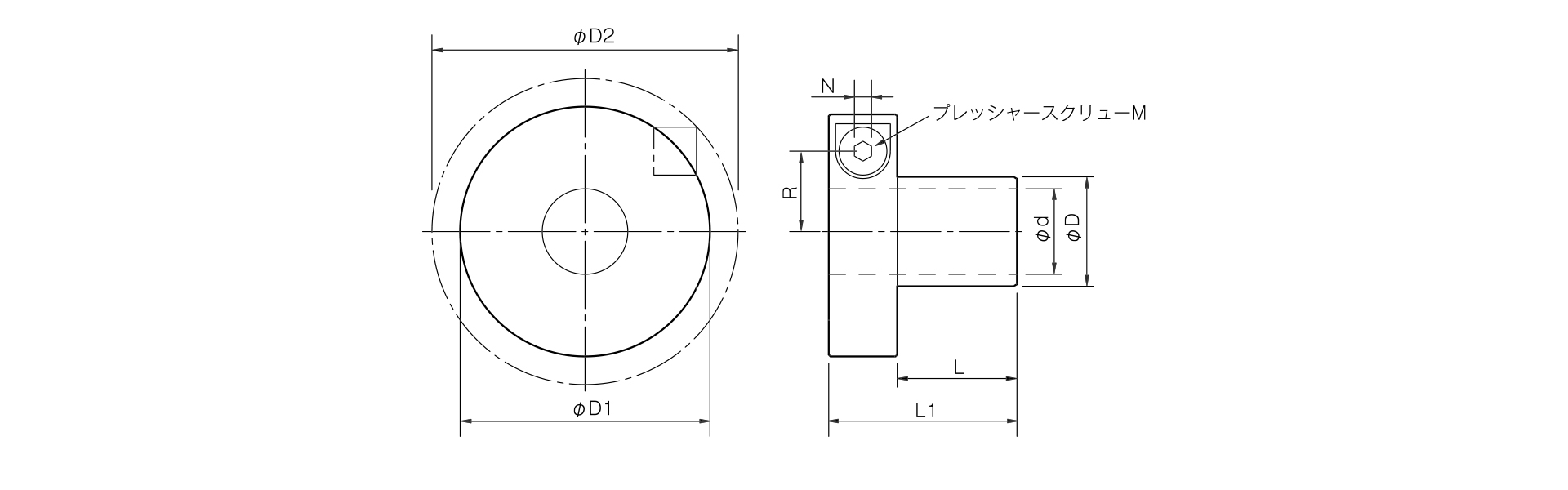 三木プーリのETPモデルEタイプ（無電解ニッケルめっき仕様）摩擦式締結具（ハイドロ方式）寸法図 外形寸法および軸径寸法を示す寸法図