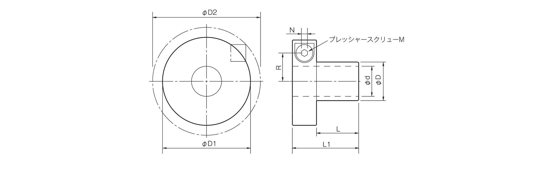 三木プーリのETPモデルEタイプ摩擦式締結具（ハイドロ方式）寸法図 外形寸法および軸径寸法を示す寸法図