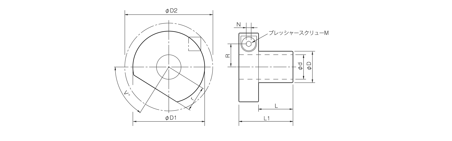 三木プーリのETPモデルEタイプ（ステンレス仕様）摩擦式締結具（ハイドロ方式）寸法図 外形寸法および軸径寸法を示す寸法図