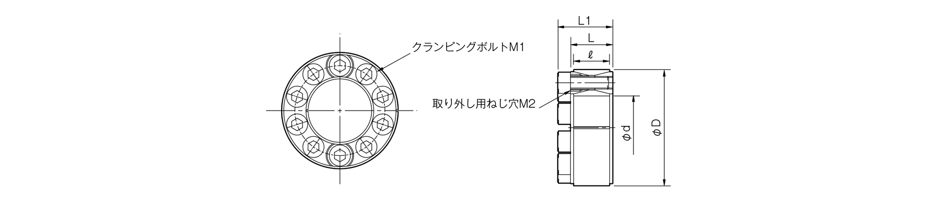 三木プーリのPSLモデルGタイプ摩擦式締結具（メカ方式）寸法図 外形寸法および軸径寸法を示す寸法図