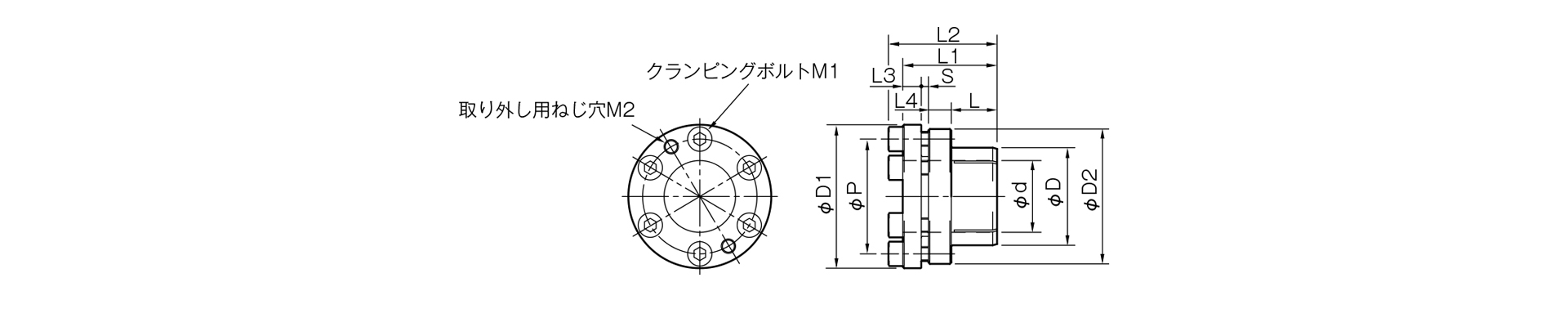 三木プーリのPSLモデルKタイプ摩擦式締結具（メカ方式）寸法図 外形寸法および軸径寸法を示す寸法図