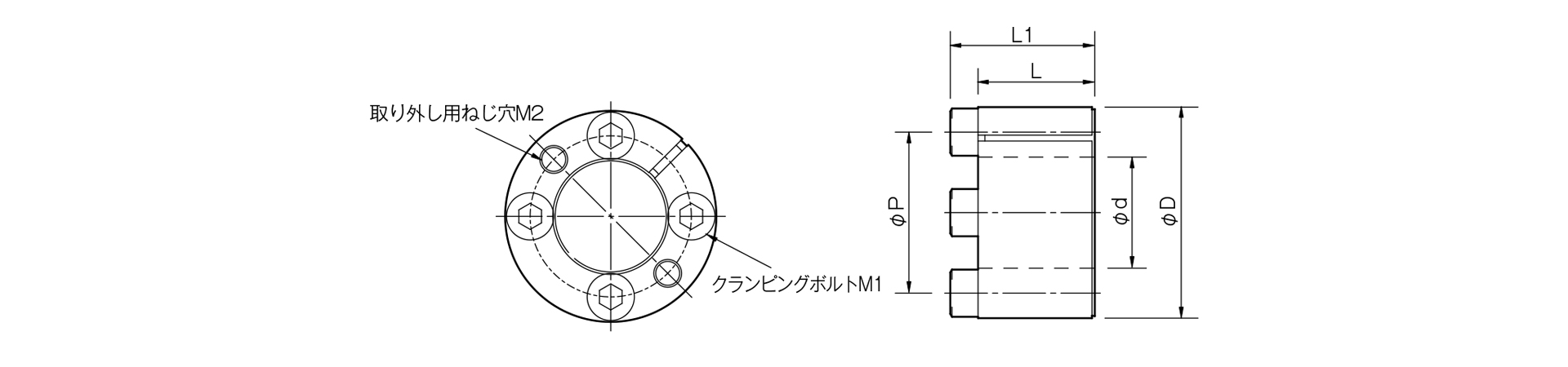 三木プーリのPSLモデルDタイプ（無電解ニッケルめっき仕様）摩擦式締結具（メカ方式）寸法図 外形寸法および軸径寸法を示す寸法図