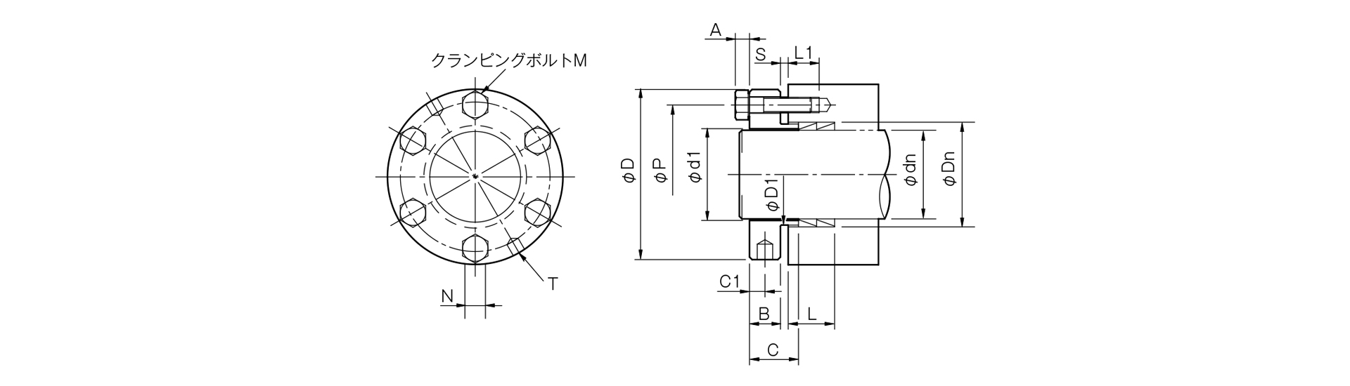 三木プーリのFPモデル摩擦式締結具（メカ方式）寸法図 外形寸法および軸径寸法を示す寸法図