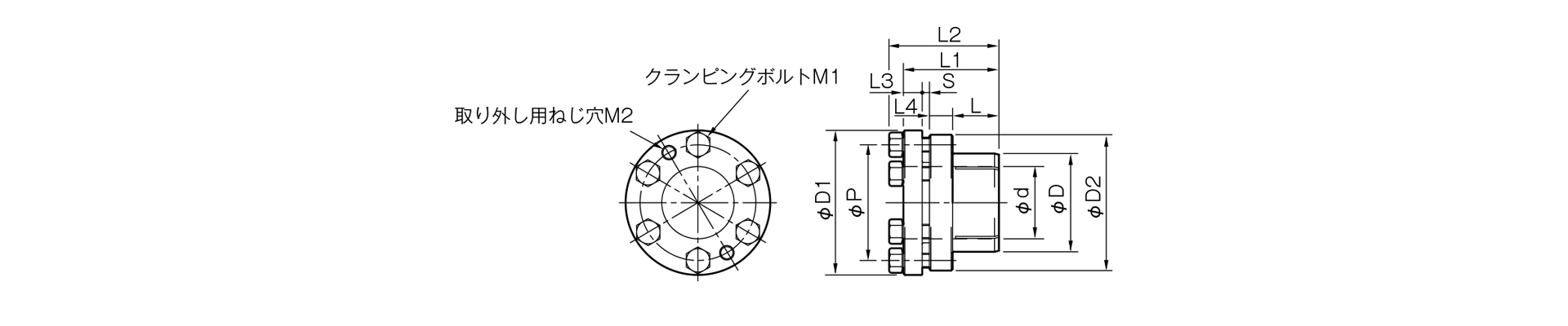 三木プーリのPSLモデルKタイプ（六角ボルト仕様）摩擦式締結具（メカ方式）寸法図 外形寸法および軸径寸法を示す寸法図