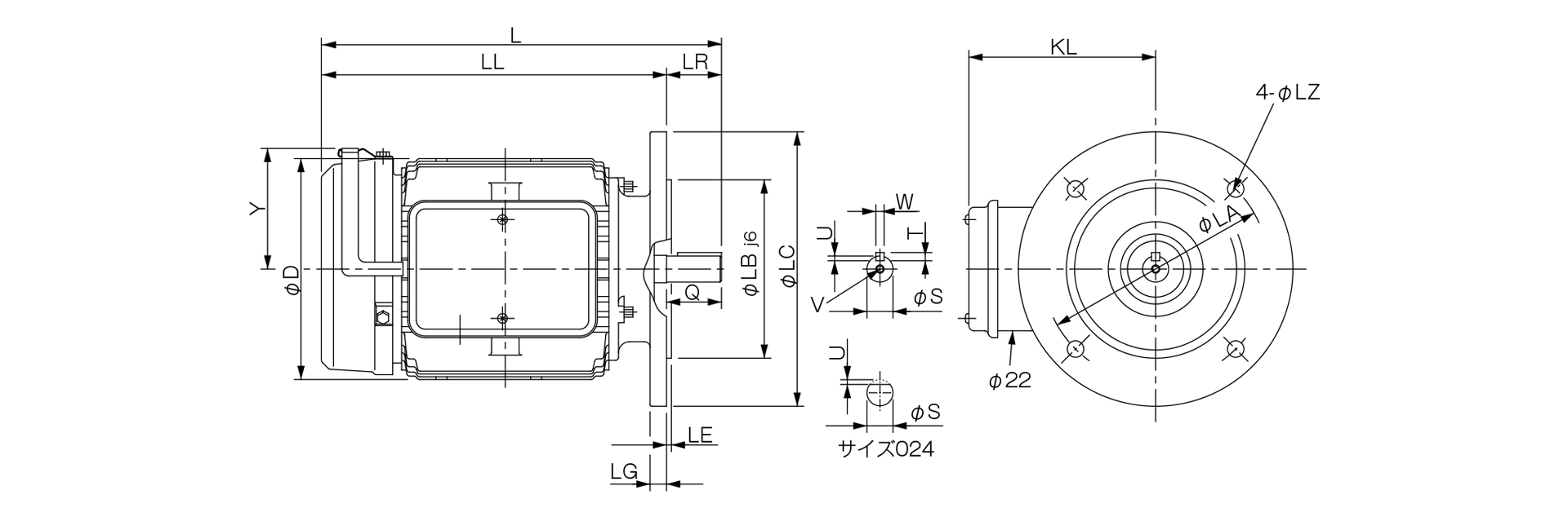 三木プーリの無励磁作動形ブレーキ付きモータBMSモデルNHFタイプ寸法図 外形寸法および取付寸法を示す寸法図
