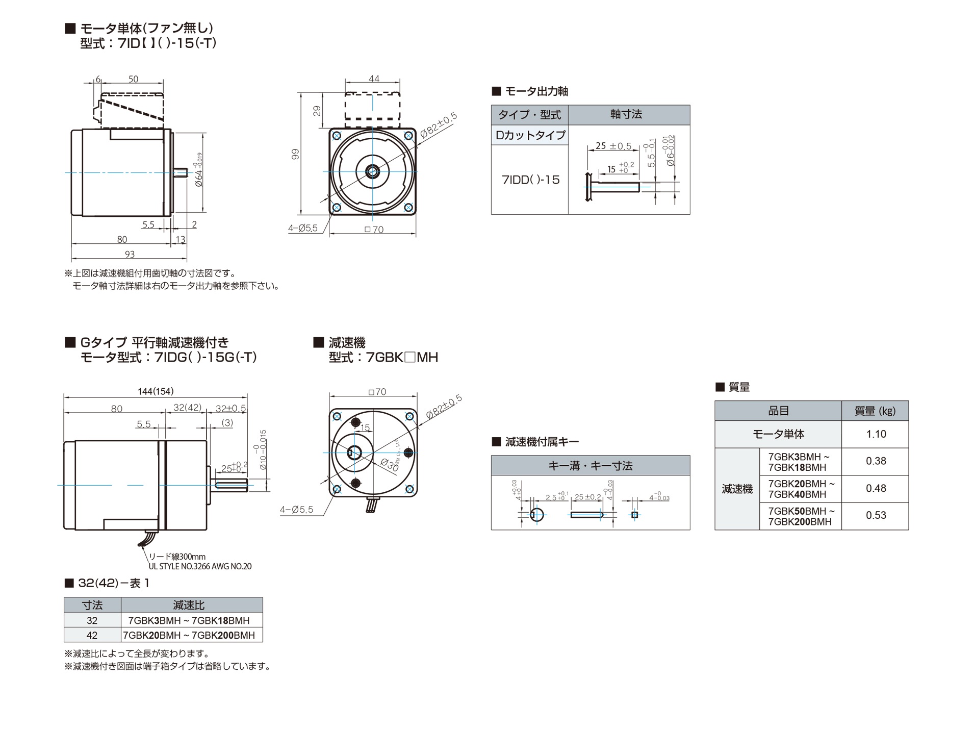 三木プーリのDKMモータ□70 15w仕様インダクションモータ寸法図 外形寸法および取付寸法を示す寸法図