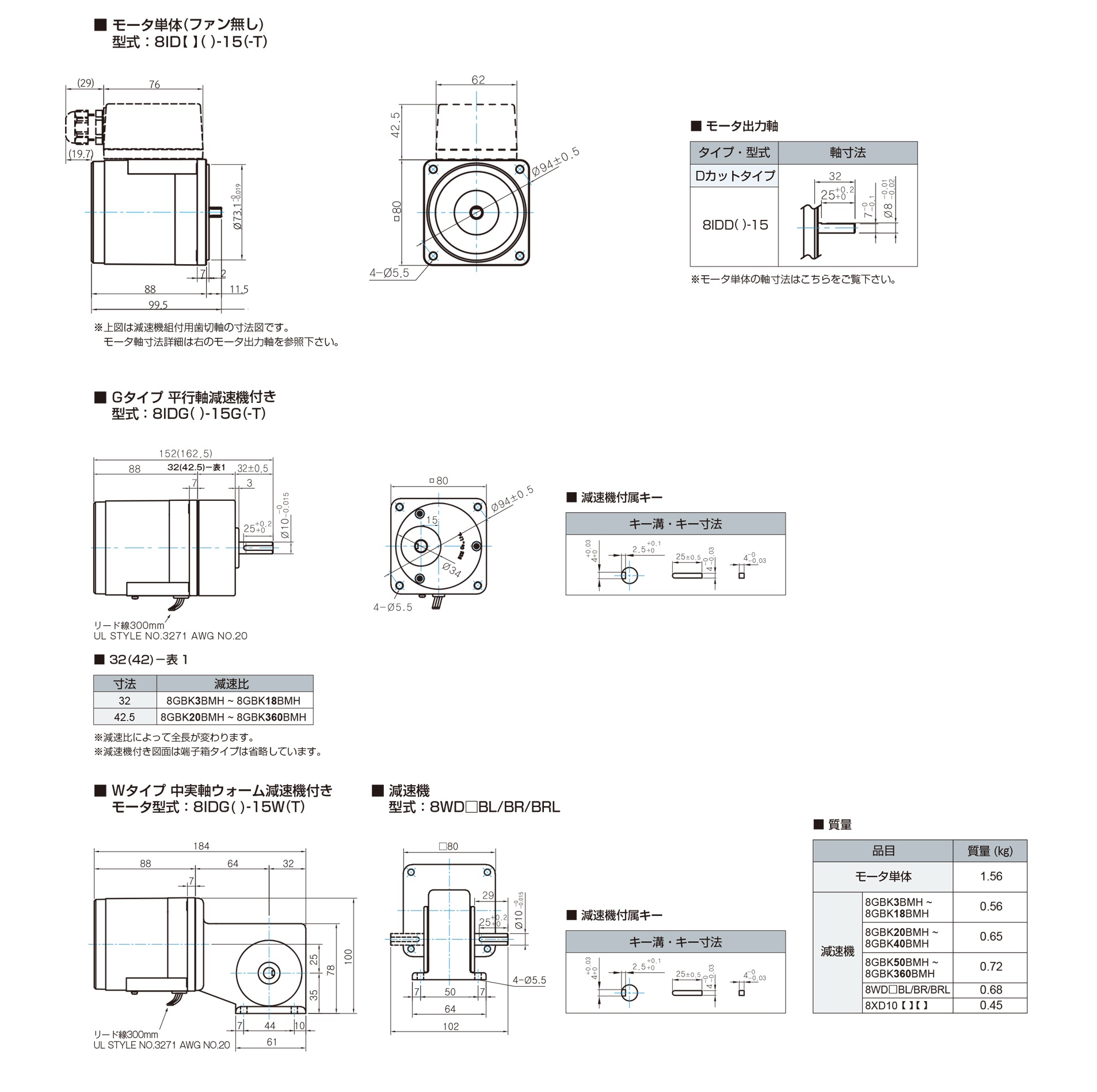 三木プーリのDKMモータ□80 15w仕様インダクションモータ寸法図 外形寸法および取付寸法を示す寸法図