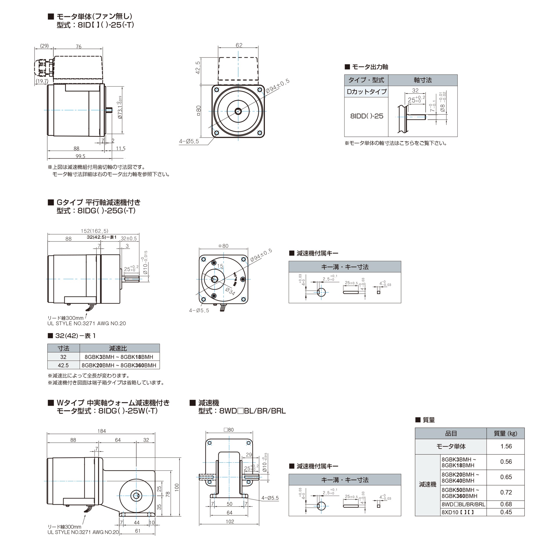 三木プーリのDKMモータ□80 25w仕様インダクションモータ寸法図 外形寸法および取付寸法を示す寸法図