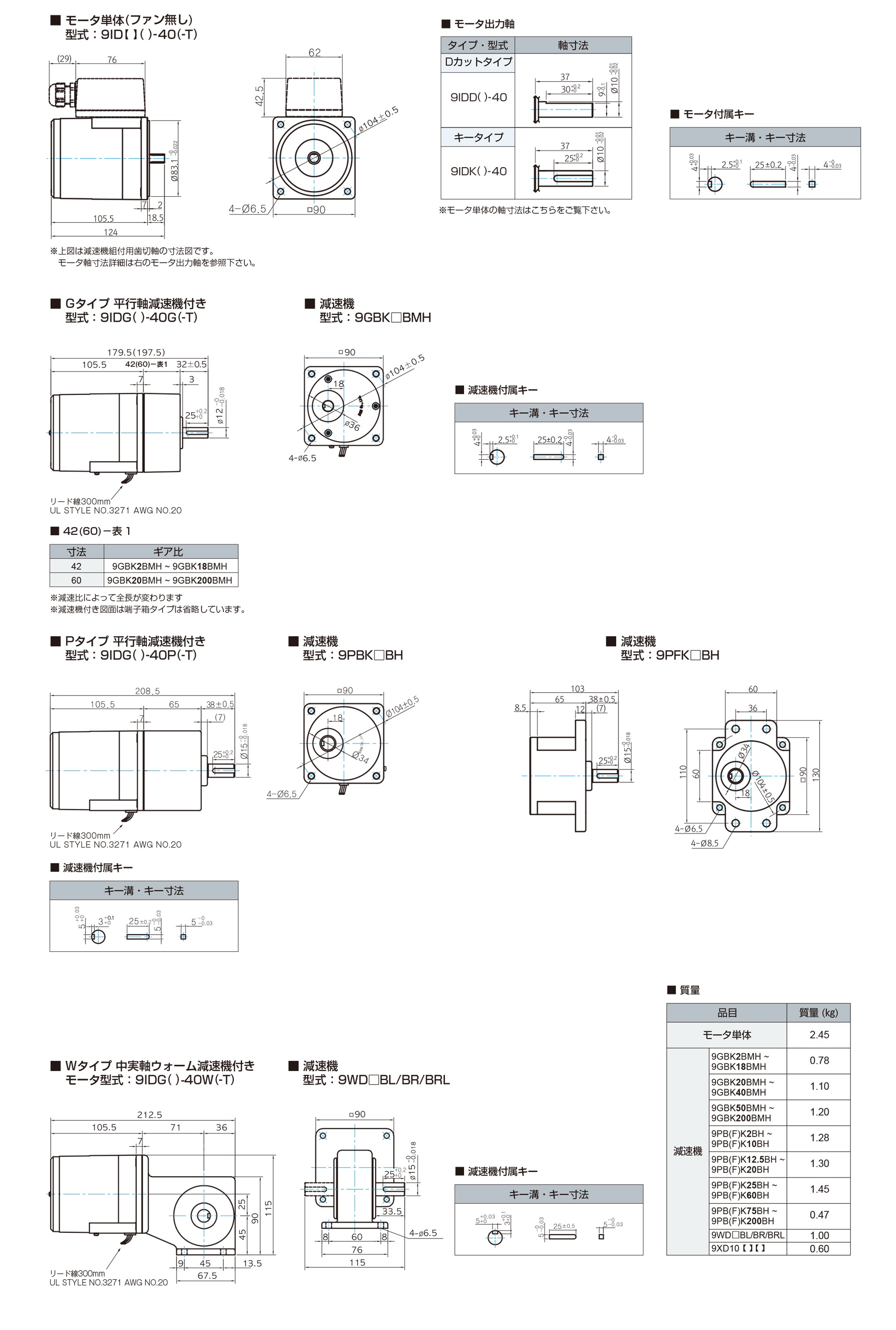 三木プーリのDKMモータ□90 40w仕様インダクションモータ寸法図 外形寸法および取付寸法を示す寸法図