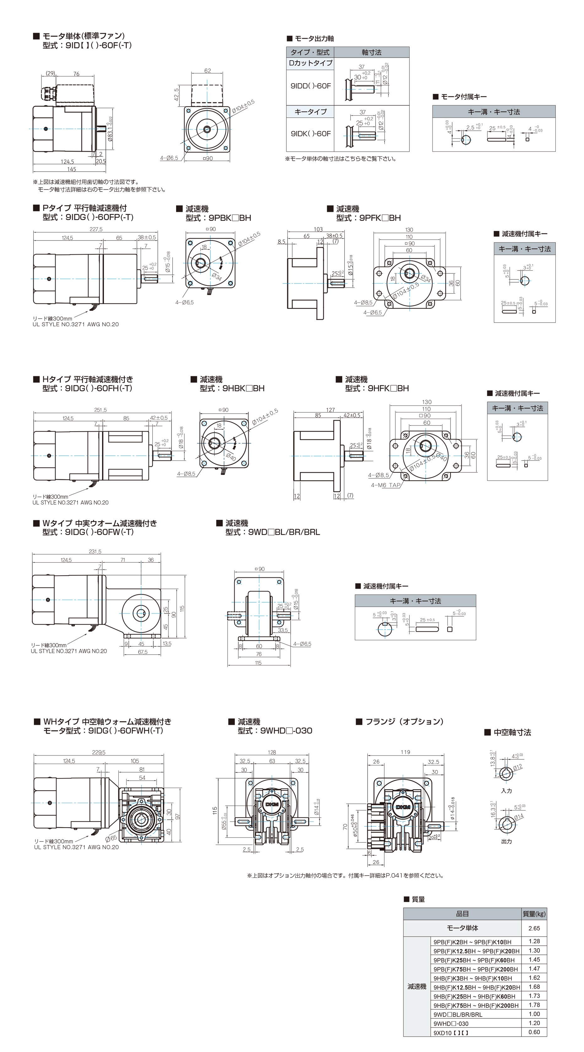 三木プーリのDKMモータ□90 60w仕様インダクションモータ寸法図 外形寸法および取付寸法を示す寸法図