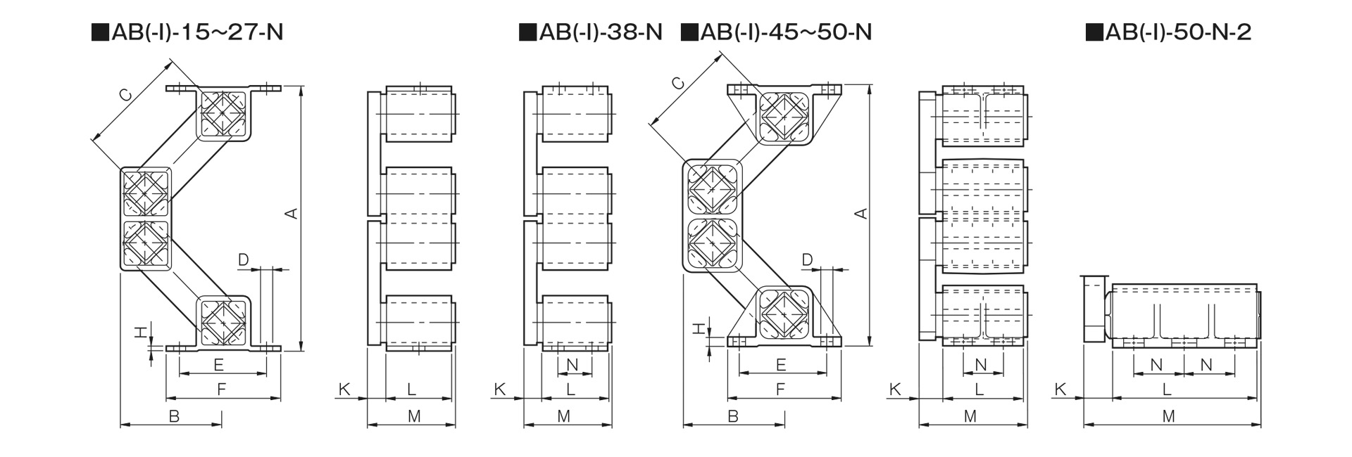 三木プーリの揺動マウントAB-Iモデル寸法図 外形寸法および取付寸法を示す寸法図