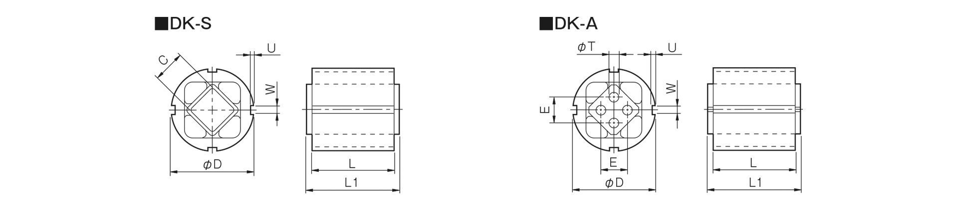 三木プーリのサスペンションユニットDK-Aモデル寸法図 外形寸法および取付寸法を示す寸法図