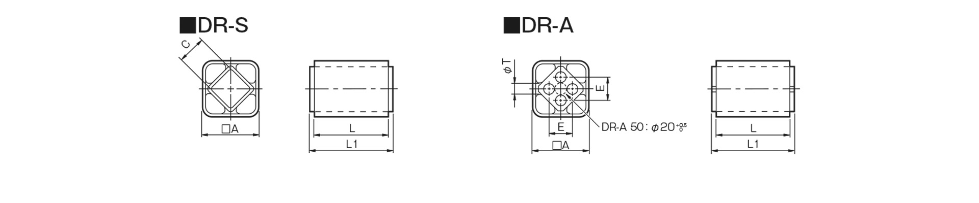三木プーリのサスペンションユニットDR-Sモデル寸法図 外形寸法および取付寸法を示す寸法図