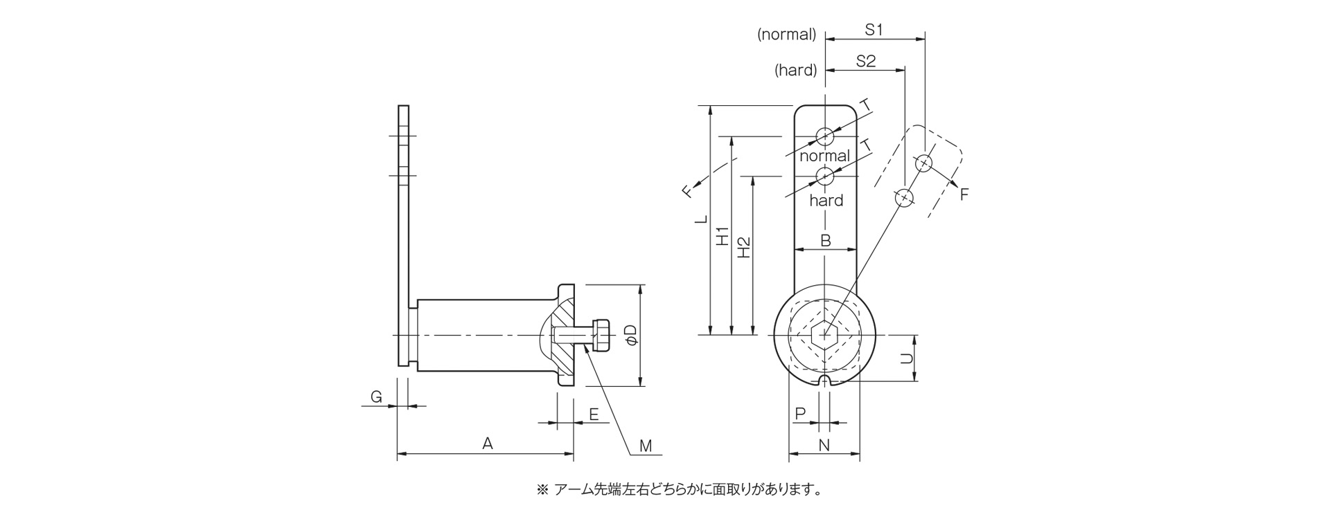 三木プーリのテンショナーSE-Iモデル寸法図 外形寸法および取付寸法を示す寸法図
