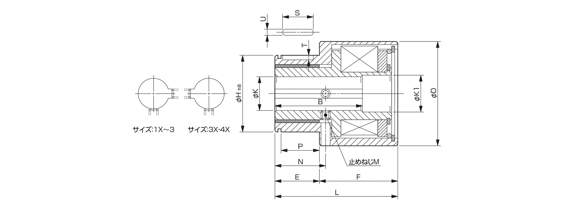 三木プーリのTT巻き掛け用TT03モデル過負荷保護装置寸法図 外形寸法および取付寸法を示す寸法図