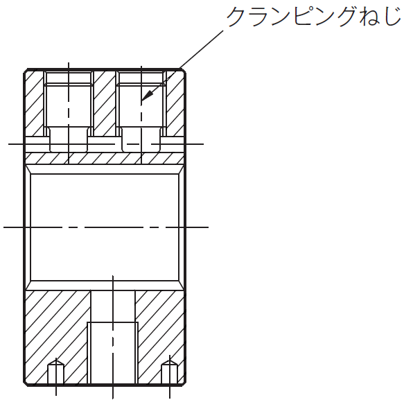 三木プーリのカップリング技術解説図 センタフレックスにおけるクランピングねじ（ハブを締結して軸を固定するクランプ機構のイメージ）